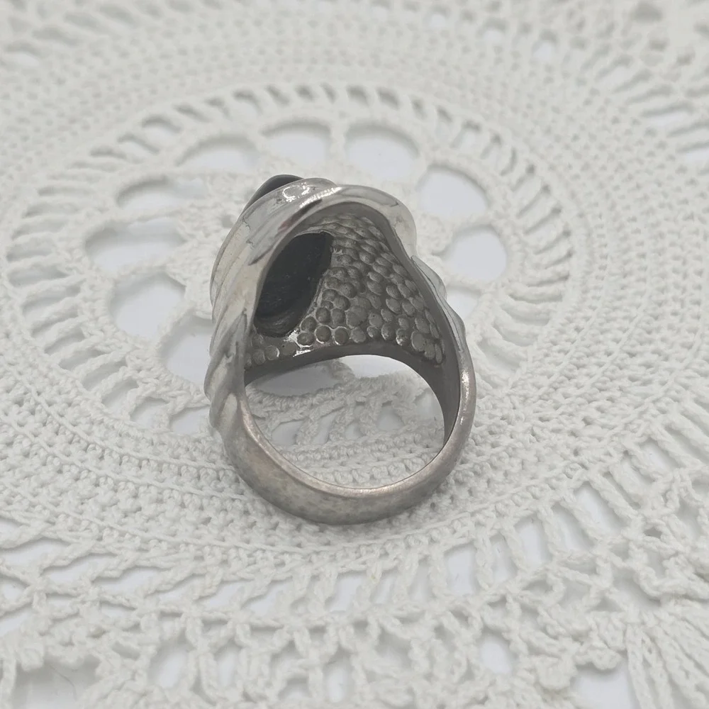 Vintage Ring Large Statement Oval Domed Pyramid Black Silver 18KGE